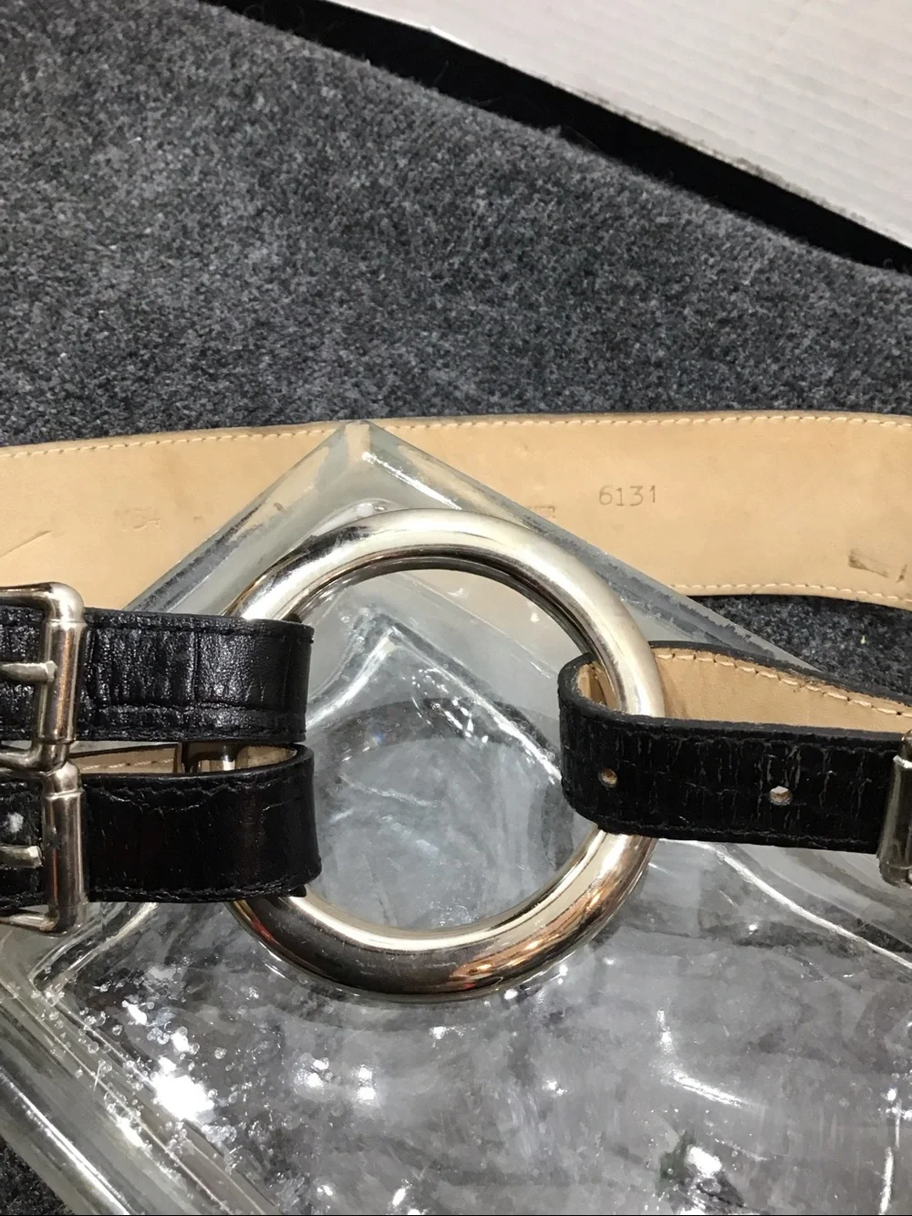 Vintage Cache Luxe croc embossed Black leather Wide Circle dbl Buckle Waist Belt